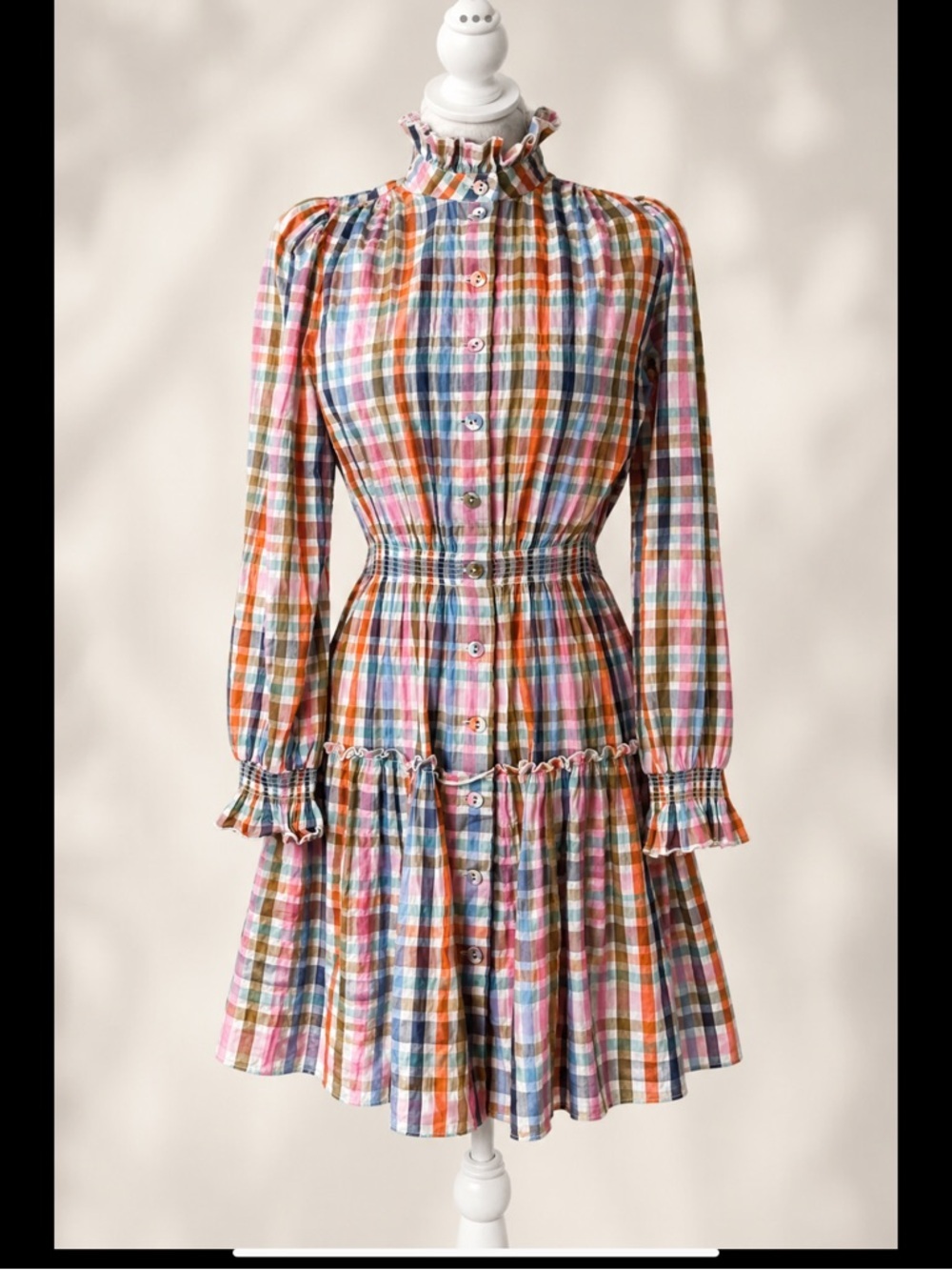 Hunter Bell Plaid Smocked Ruffle Mini Dress XS Puff Sleeve
